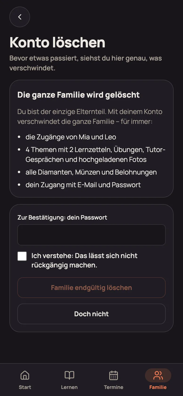 Konto löschen: was verschwindet, Passwort und „Ich verstehe“