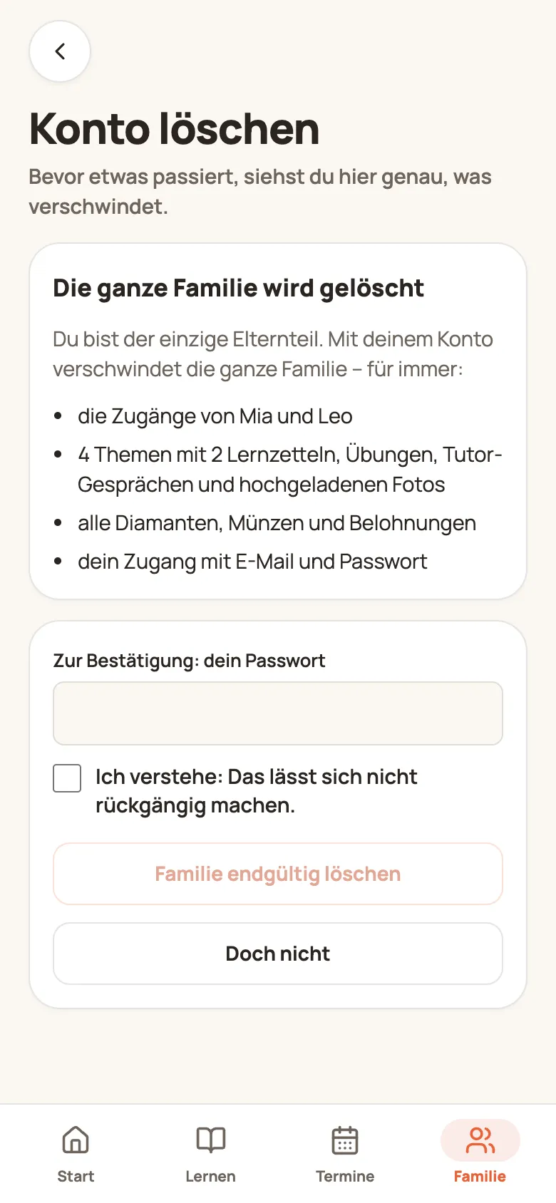 Konto löschen: was verschwindet, Passwort und „Ich verstehe“