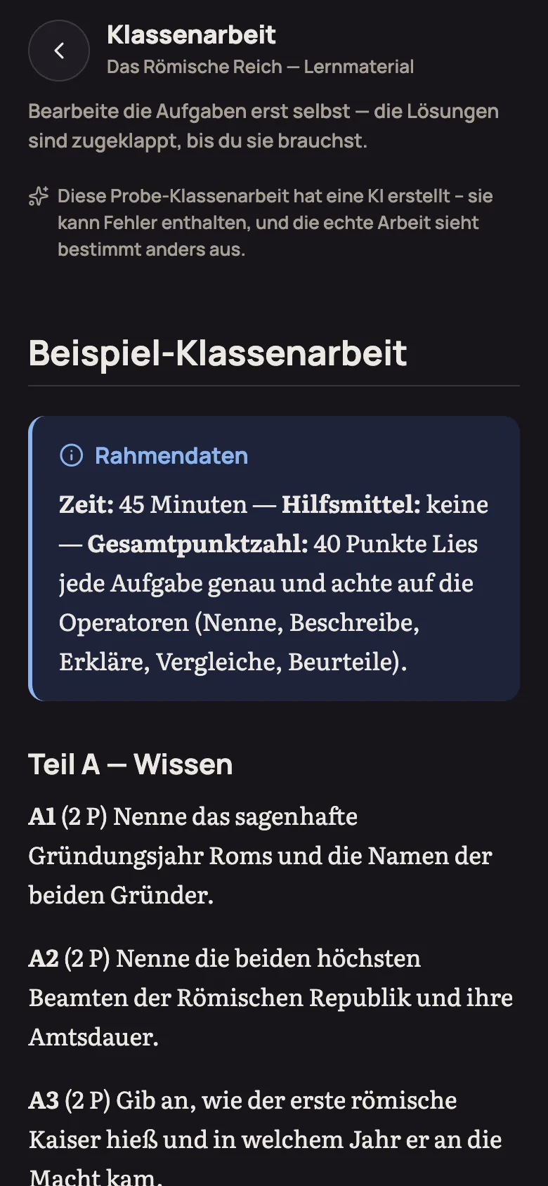 Probe-Klassenarbeit mit Rahmendaten und Aufgaben