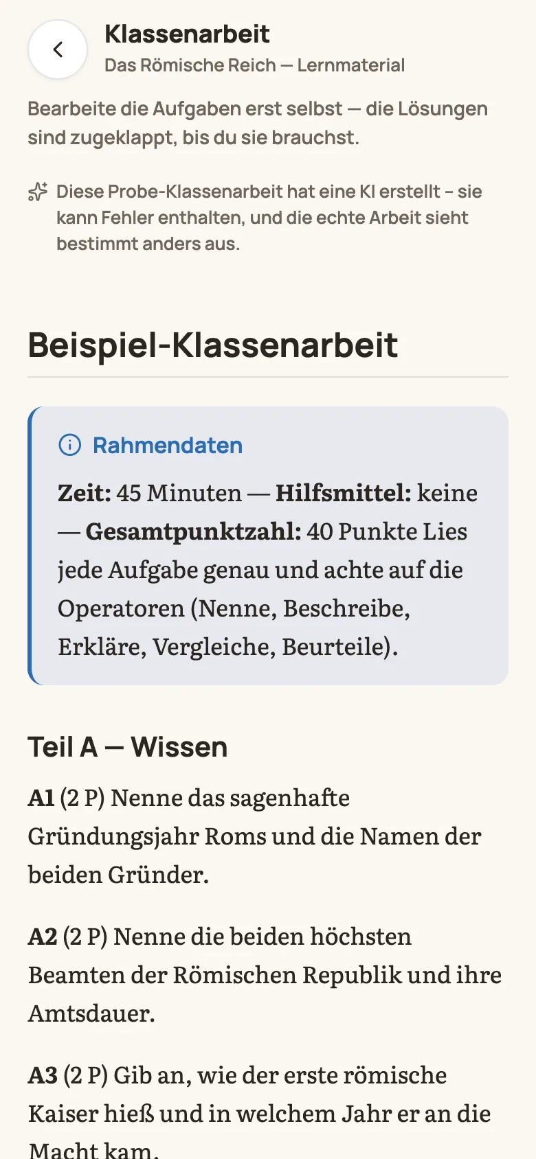 Probe-Klassenarbeit mit Rahmendaten und Aufgaben