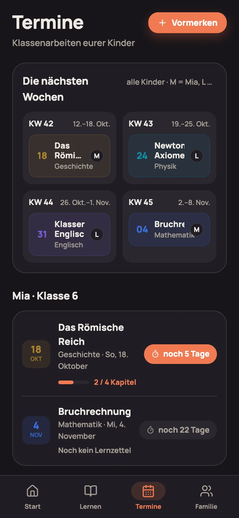 Der Bereich Termine mit Vier-Wochen-Überblick und Klassenarbeiten pro Kind