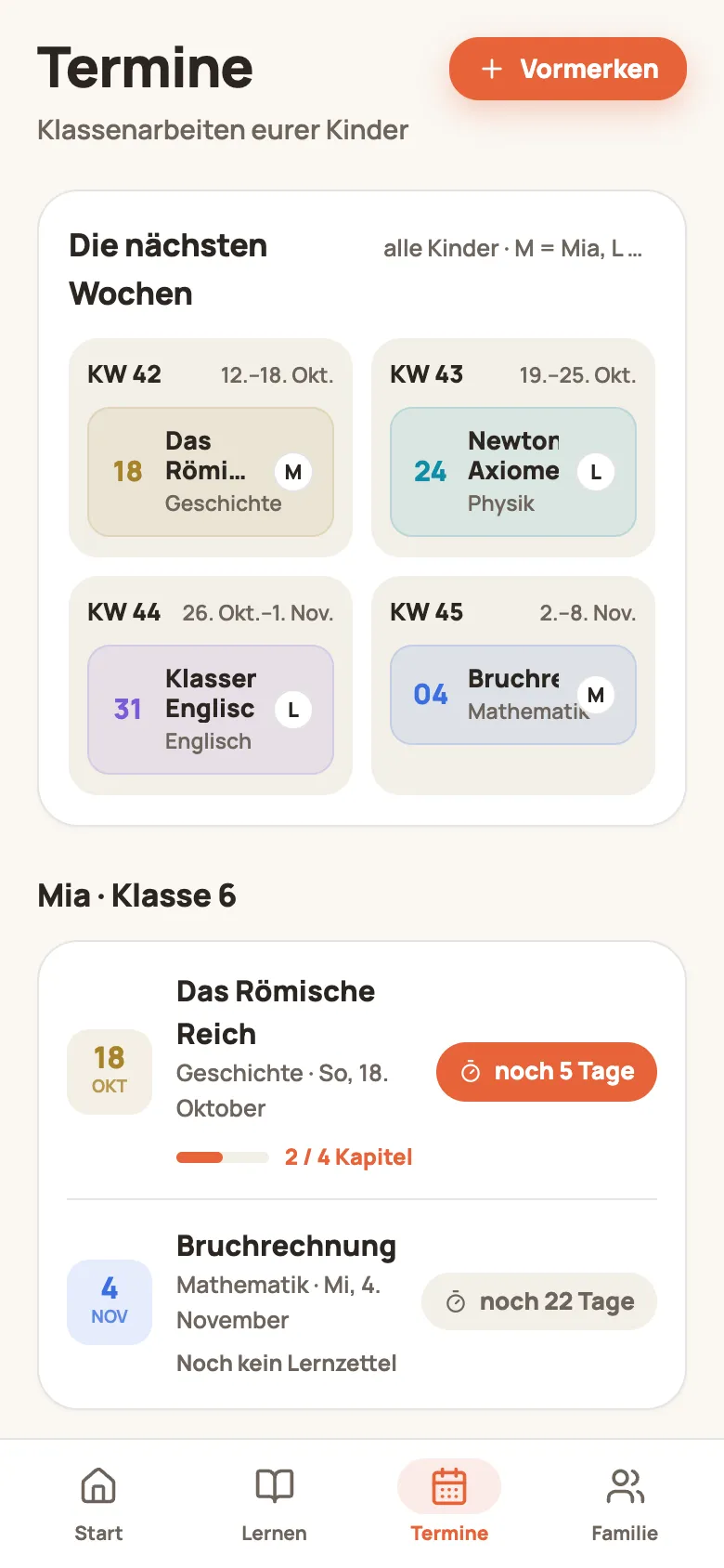 Der Bereich Termine mit Vier-Wochen-Überblick und Klassenarbeiten pro Kind