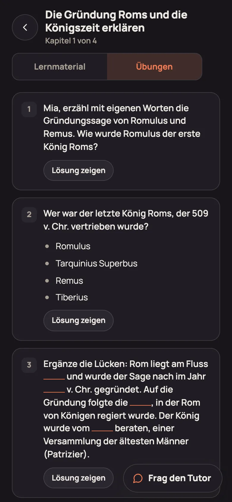 Tab „Übungen“ mit drei Aufgaben und „Lösung zeigen“