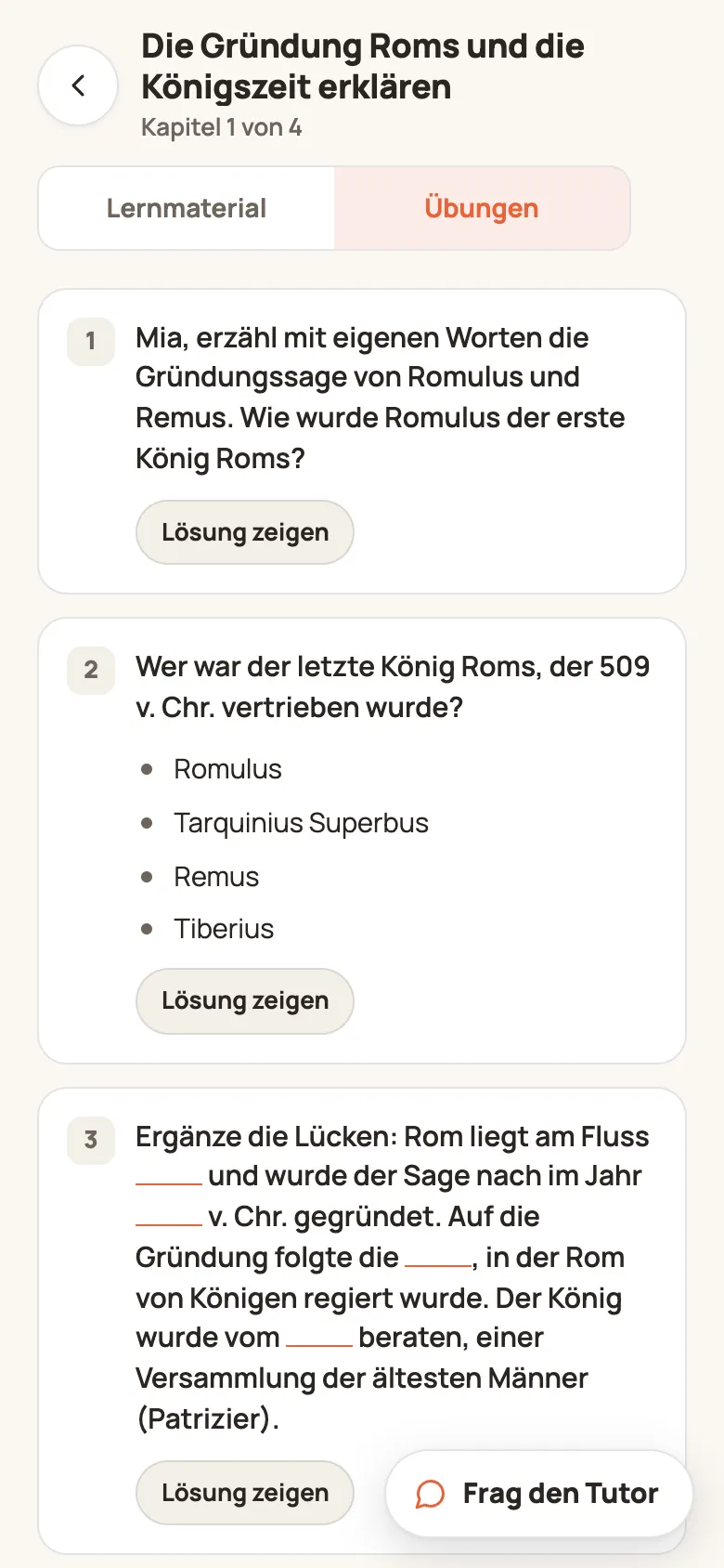 Tab „Übungen“ mit drei Aufgaben und „Lösung zeigen“