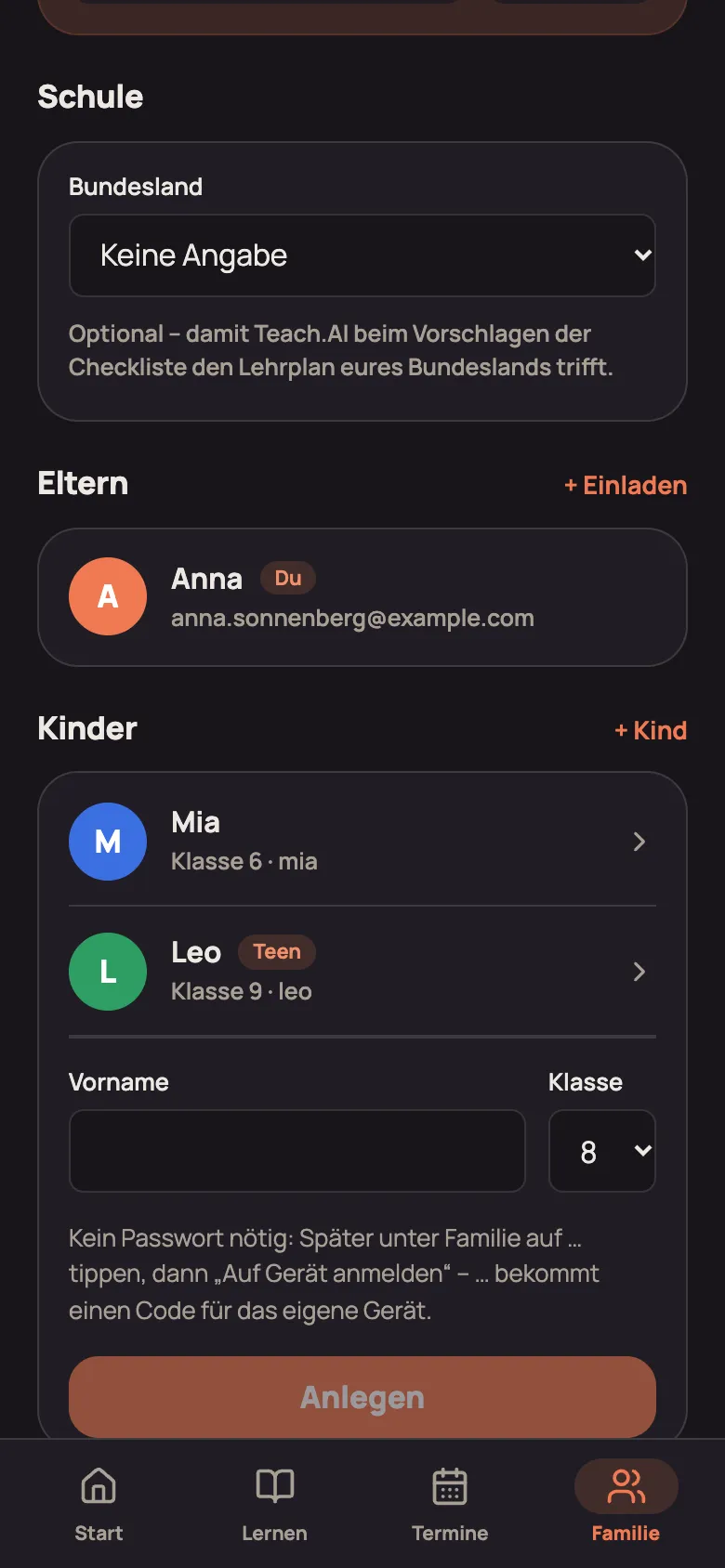 Formular zum Anlegen eines Kindes mit Vorname und Klasse