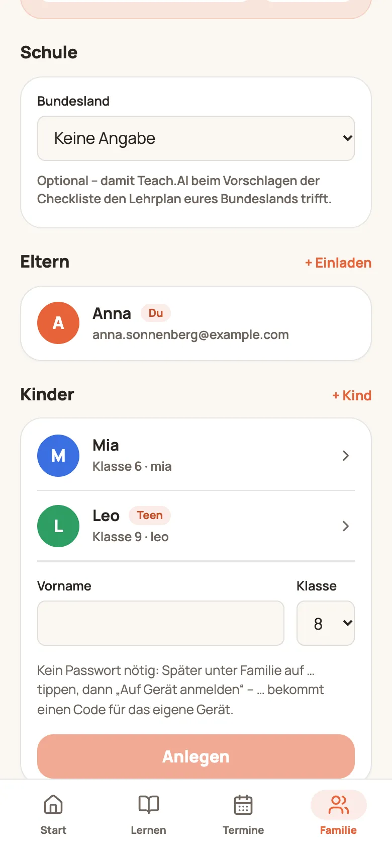 Formular zum Anlegen eines Kindes mit Vorname und Klasse