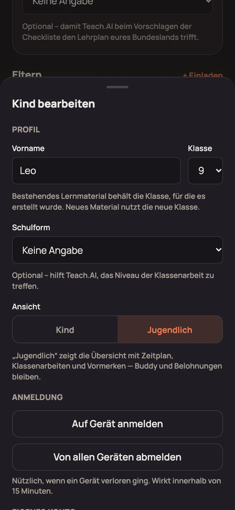 Fenster „Kind bearbeiten“ mit Profil, Ansicht, Anmeldung und eigenem Konto