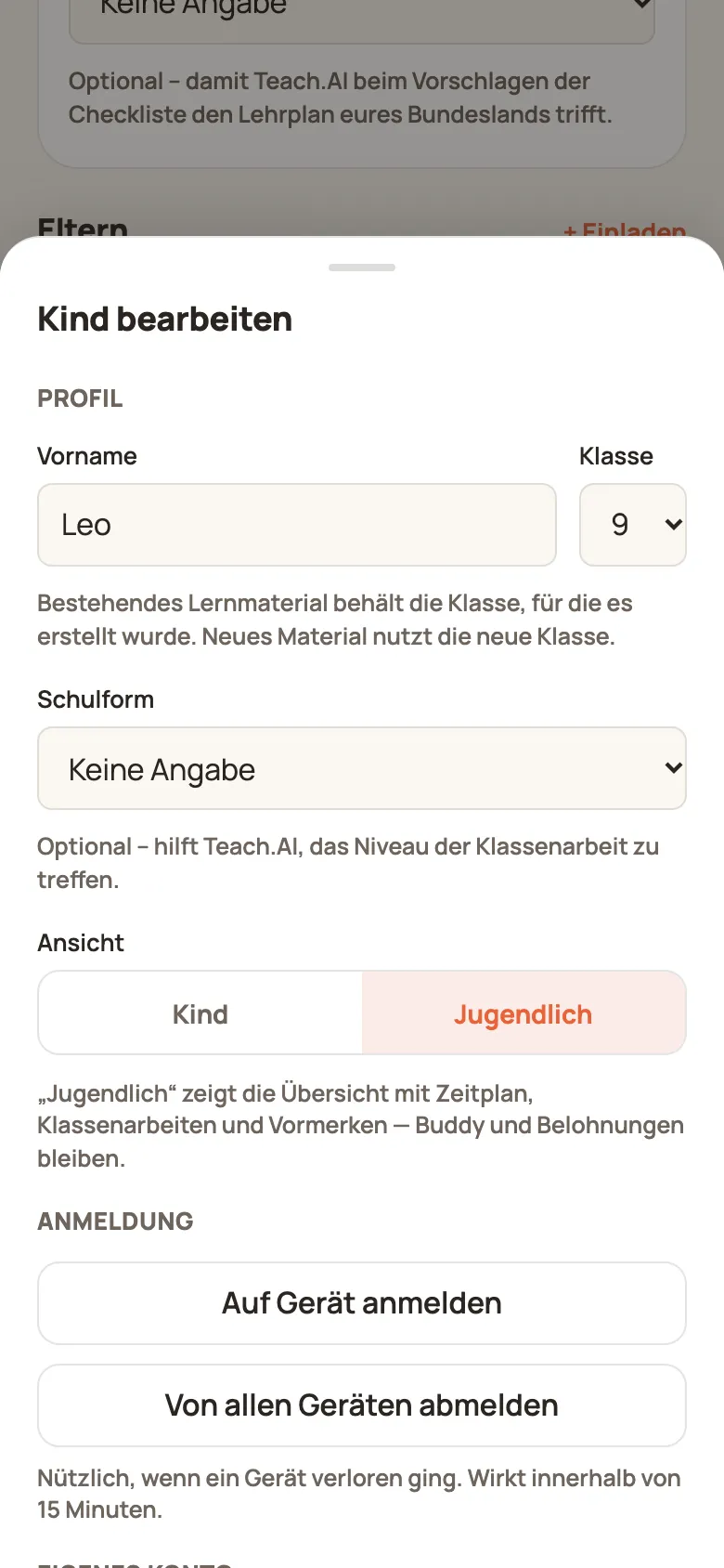 Fenster „Kind bearbeiten“ mit Profil, Ansicht, Anmeldung und eigenem Konto