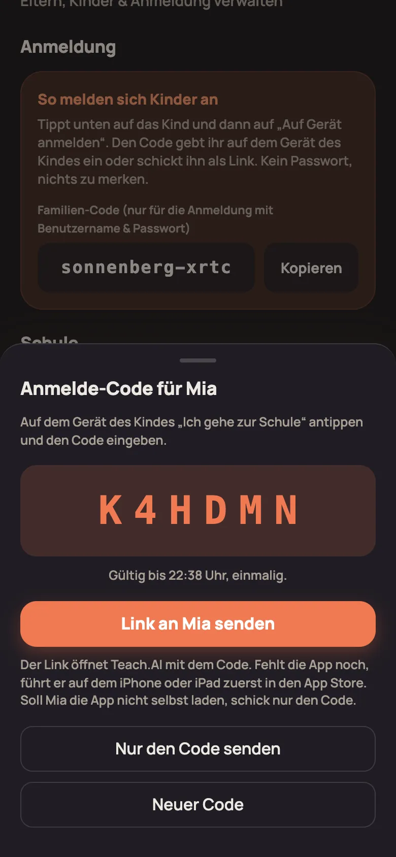 Fenster „Anmelde-Code für Mia“ mit dem sechsstelligen Code, darunter „Link an Mia senden“ und „Nur den Code senden“