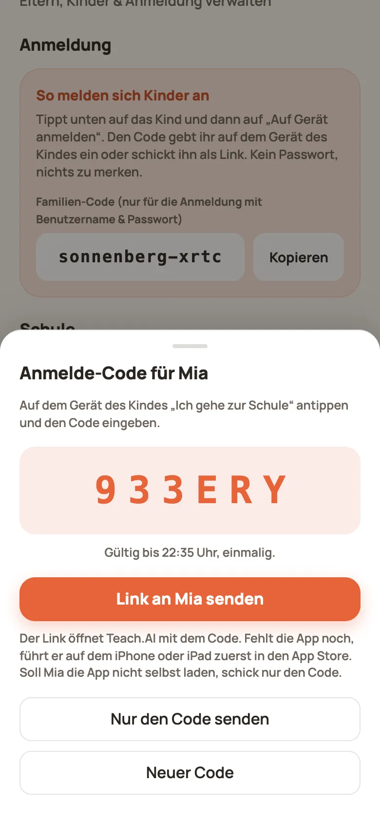 Fenster „Anmelde-Code für Mia“ mit dem sechsstelligen Code, darunter „Link an Mia senden“ und „Nur den Code senden“