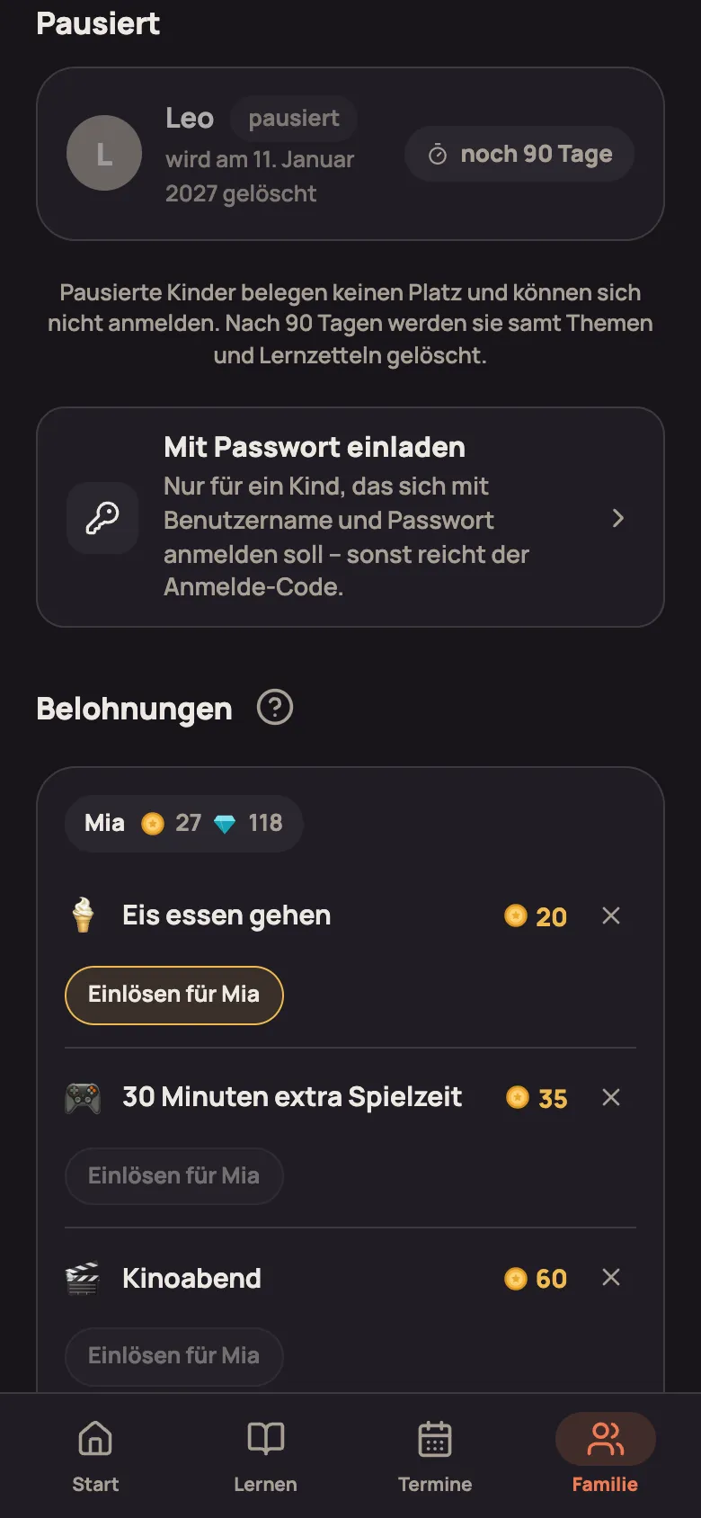 Karte „Pausiert“ im Tab Familie: Leo pausiert, wird am 17. Dezember gelöscht, noch 90 Tage