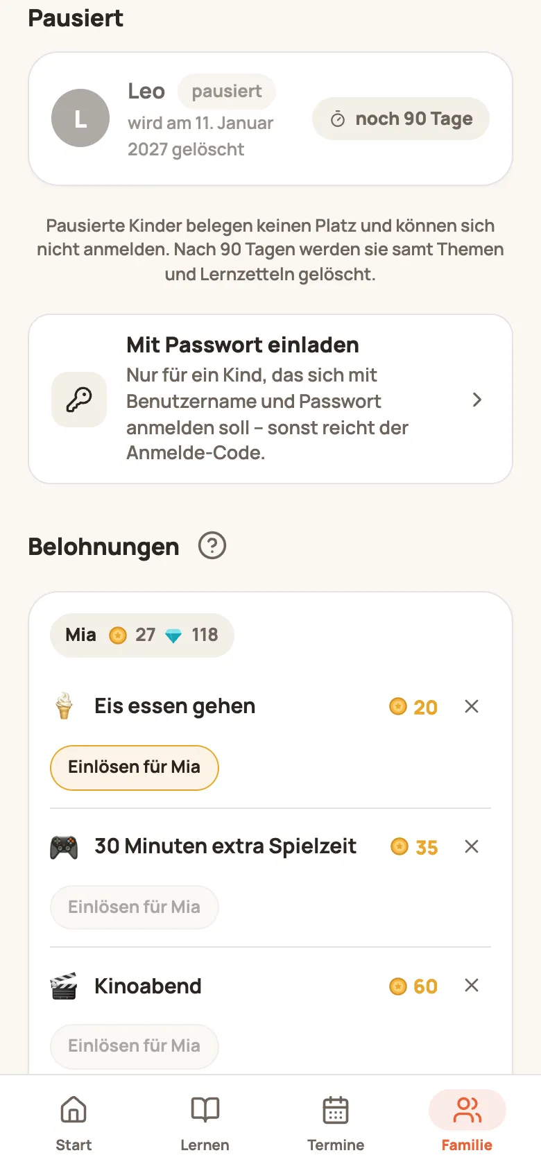 Karte „Pausiert“ im Tab Familie: Leo pausiert, wird am 17. Dezember gelöscht, noch 90 Tage
