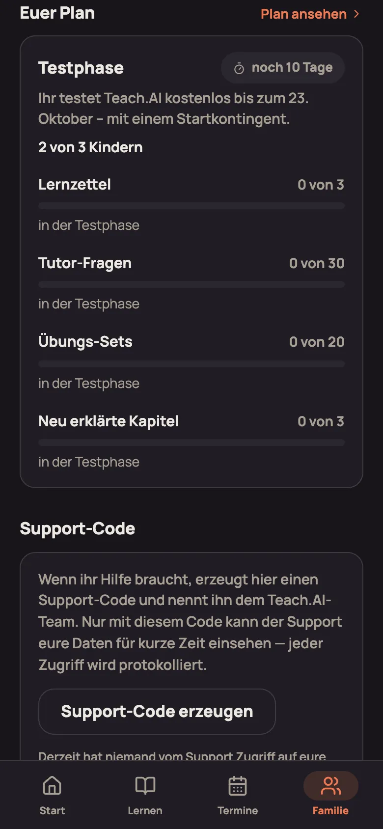 Abschnitt „Euer Plan“ im Tab Familie mit Testphase, Kinderzahl und Kontingent