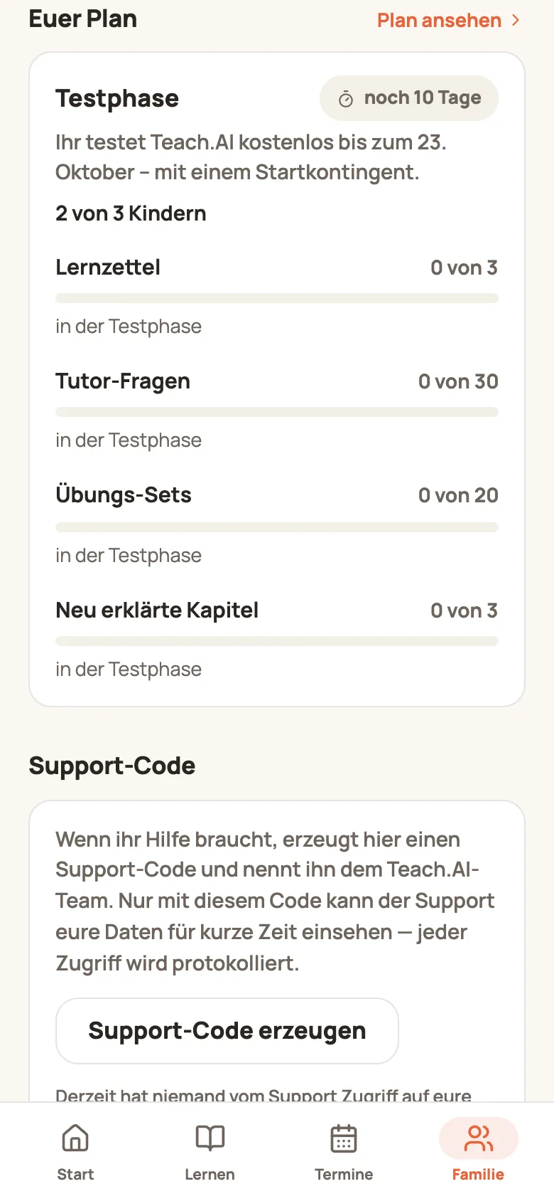Abschnitt „Euer Plan“ im Tab Familie mit Testphase, Kinderzahl und Kontingent