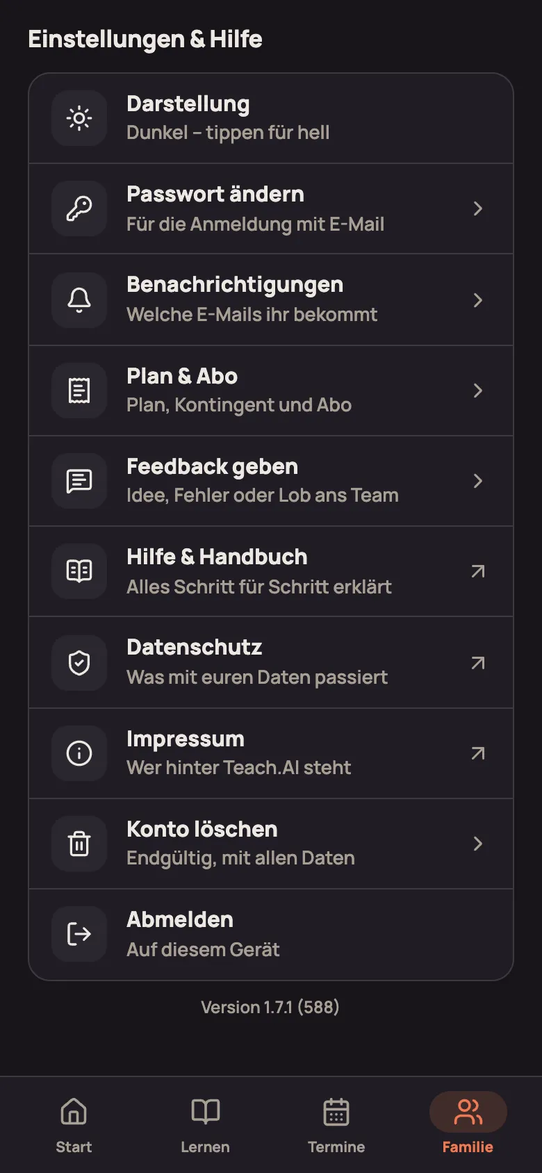Familie-Seite, Bereich „Einstellungen & Hilfe“ mit Darstellung, Benachrichtigungen, Plan & Abo und Abmelden