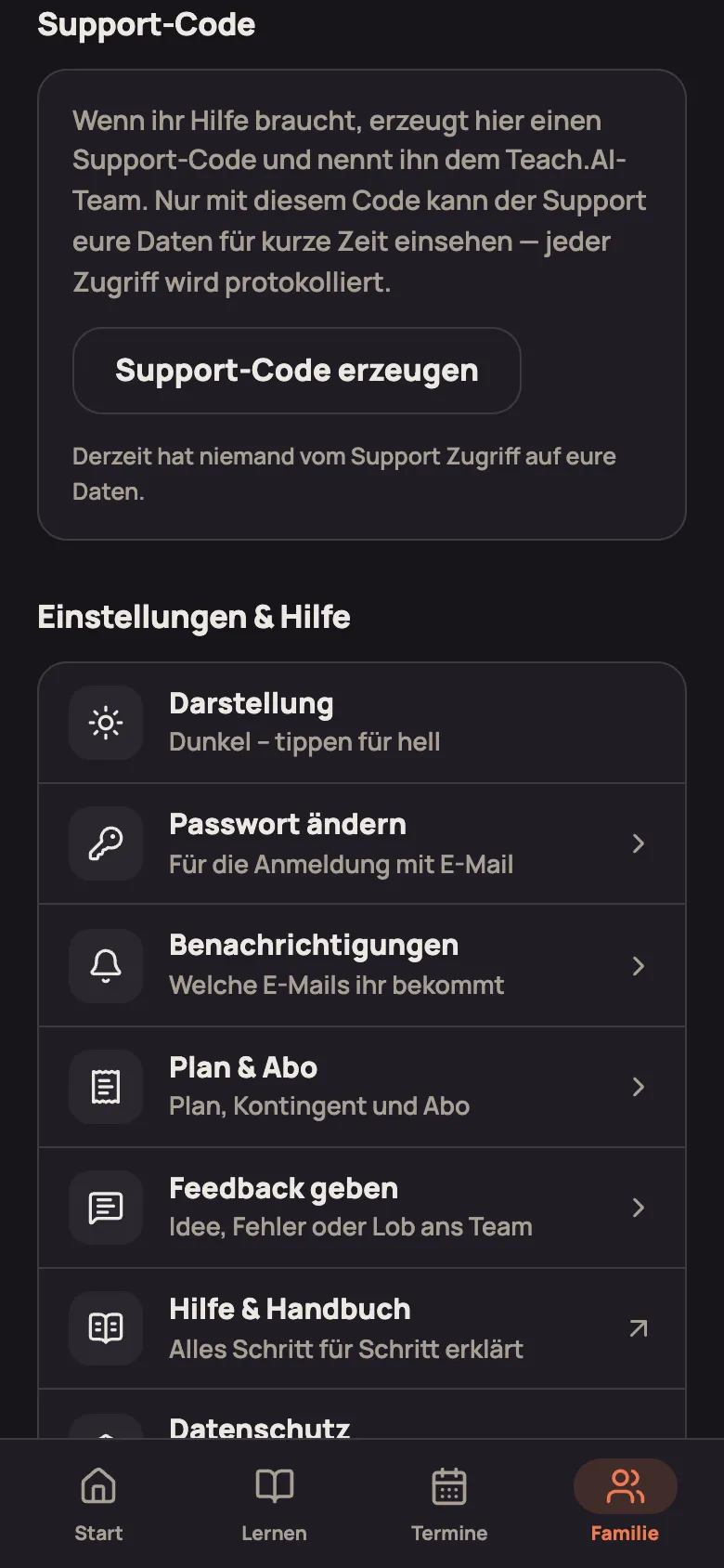 Bereich „Support-Code“ mit „Support-Code erzeugen“