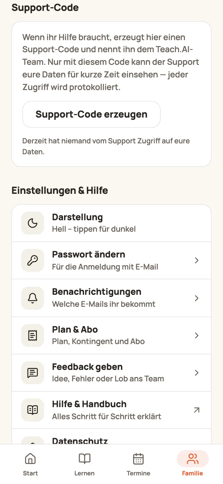 Bereich „Support-Code“ mit „Support-Code erzeugen“