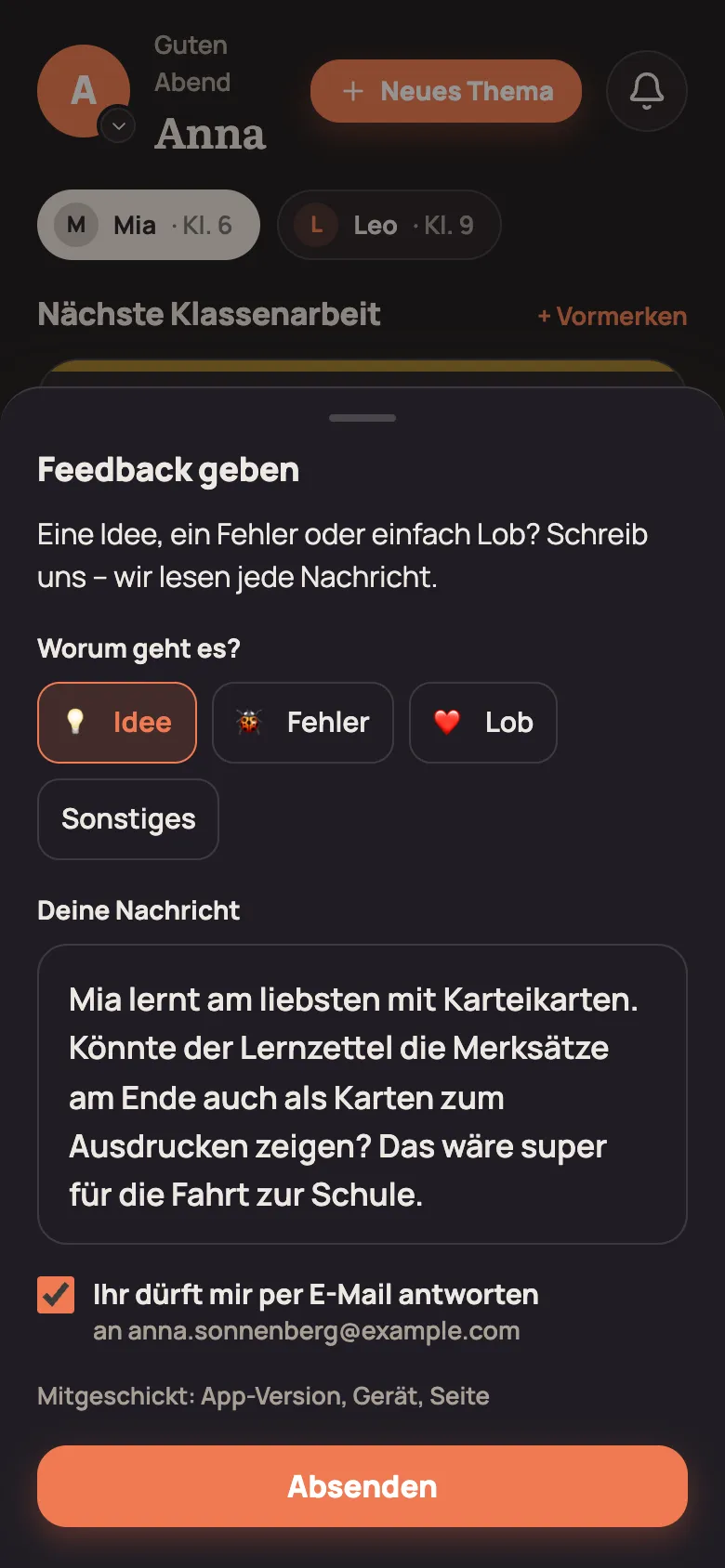 „Feedback geben“ mit „Idee“ ausgewählt, einer Nachricht im großen Feld und „Absenden“