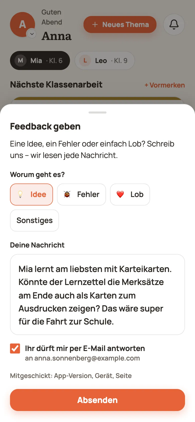 „Feedback geben“ mit „Idee“ ausgewählt, einer Nachricht im großen Feld und „Absenden“