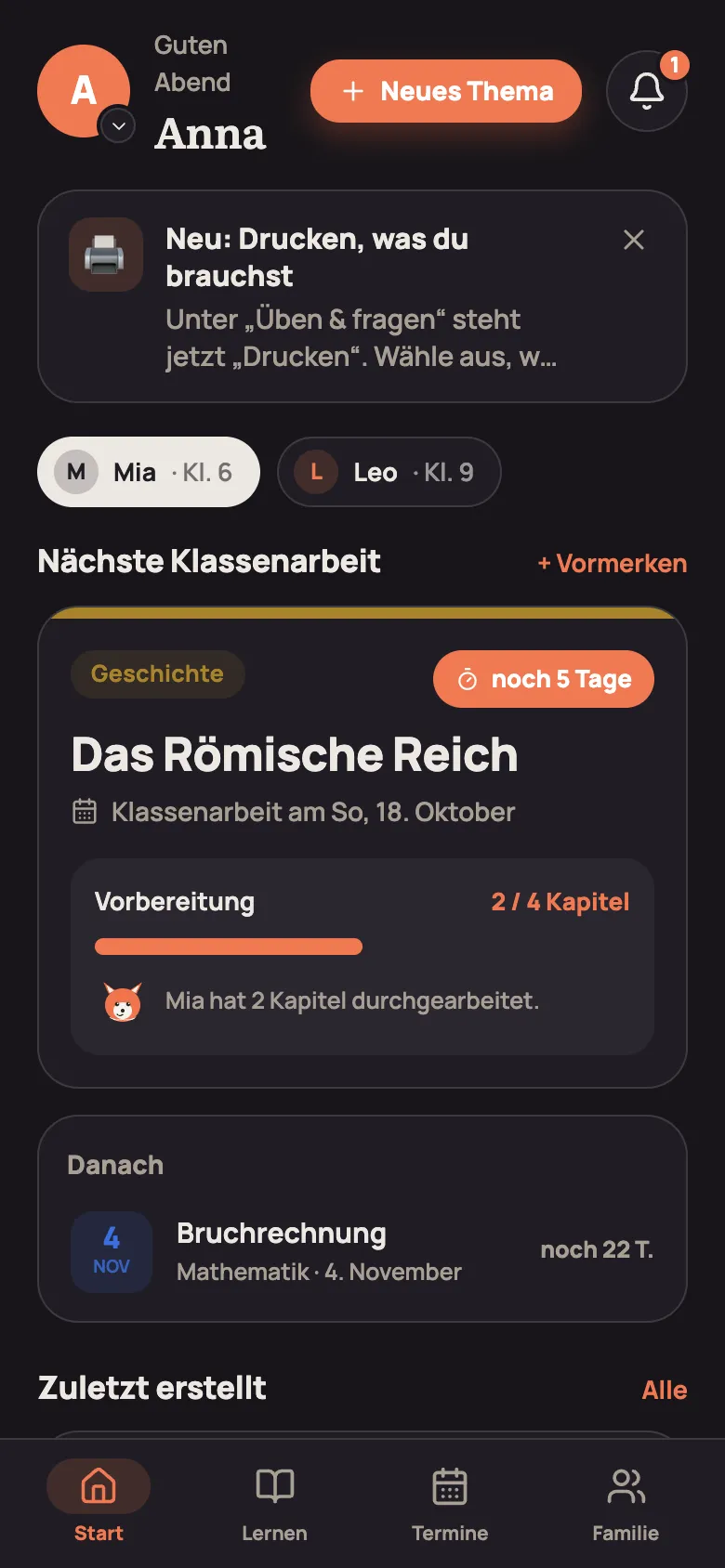 Start-Seite mit der Karte „Neu: Drucken, was du brauchst“ unter dem Profilbild und einer 1 an der Glocke