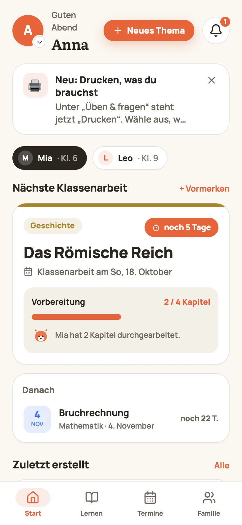 Start-Seite mit der Karte „Neu: Drucken, was du brauchst“ unter dem Profilbild und einer 1 an der Glocke