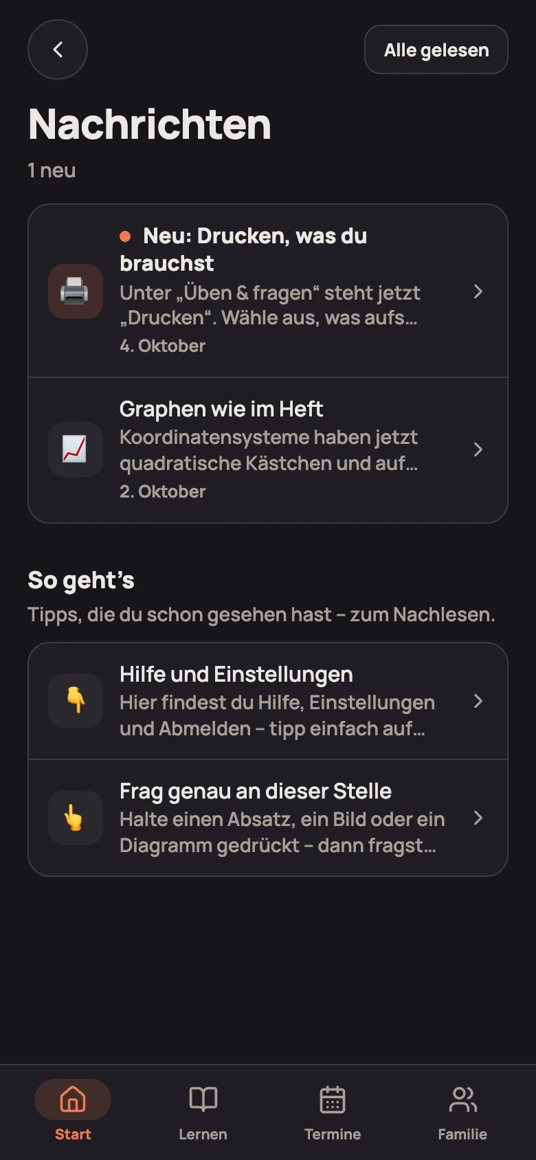 Seite „Nachrichten“: eine neue und eine gelesene Nachricht, darunter „So geht’s“ mit zwei Tipps