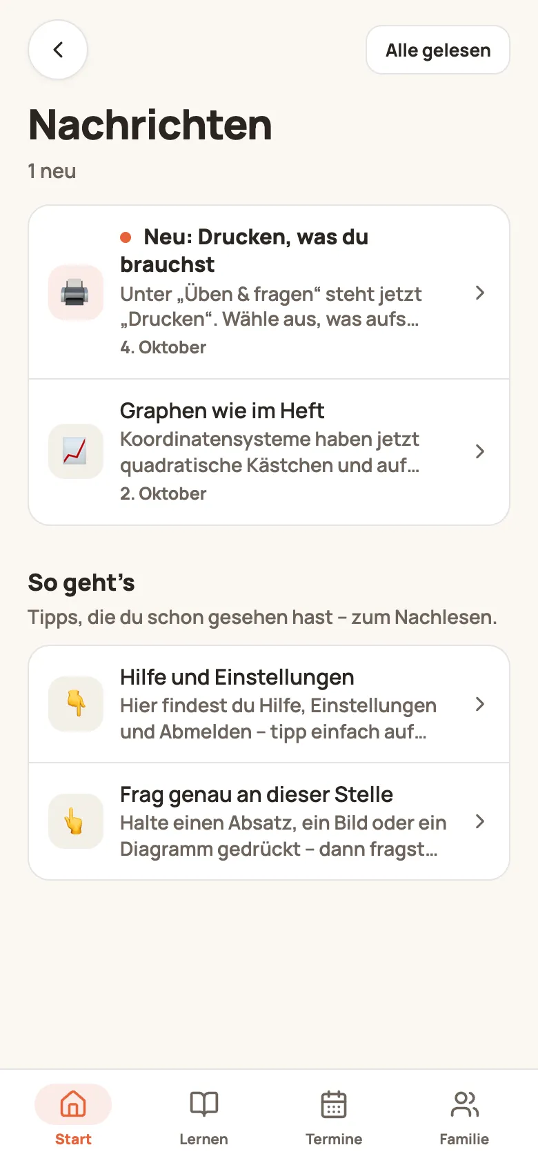 Seite „Nachrichten“: eine neue und eine gelesene Nachricht, darunter „So geht’s“ mit zwei Tipps