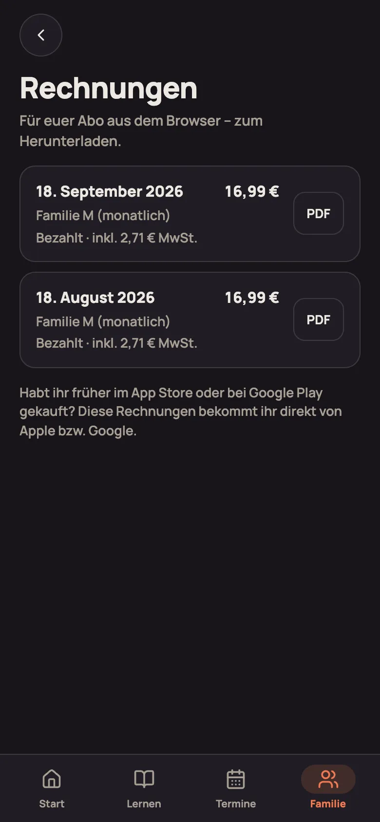 Seite „Rechnungen“ mit zwei Rechnungen, Betrag und der Schaltfläche „PDF“