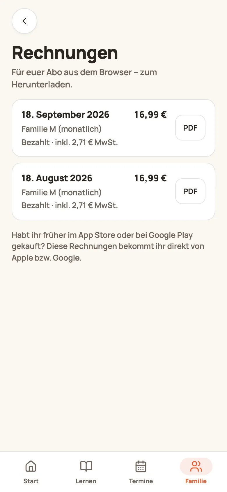 Seite „Rechnungen“ mit zwei Rechnungen, Betrag und der Schaltfläche „PDF“