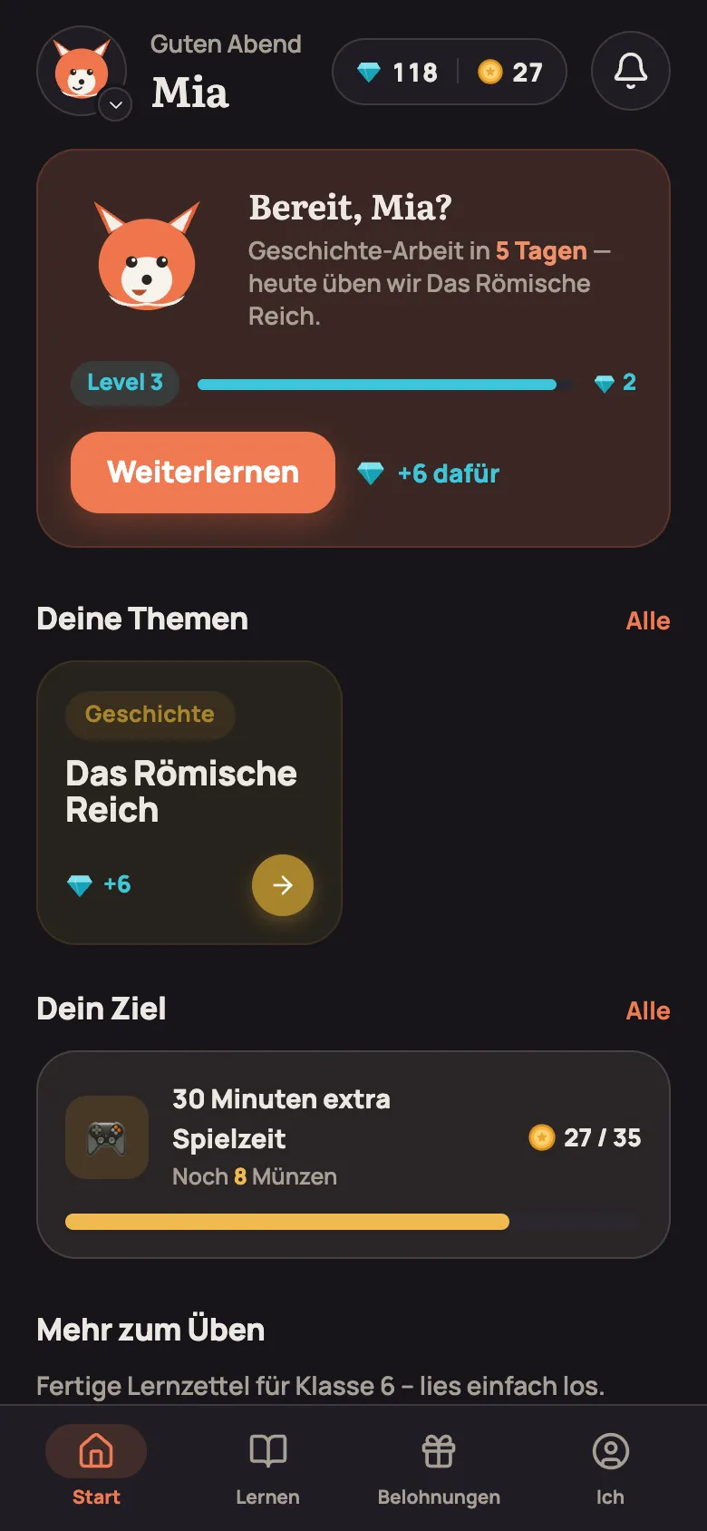 Start-Bildschirm von Teach.AI für Kinder mit Lernbuddy, Level und Themen