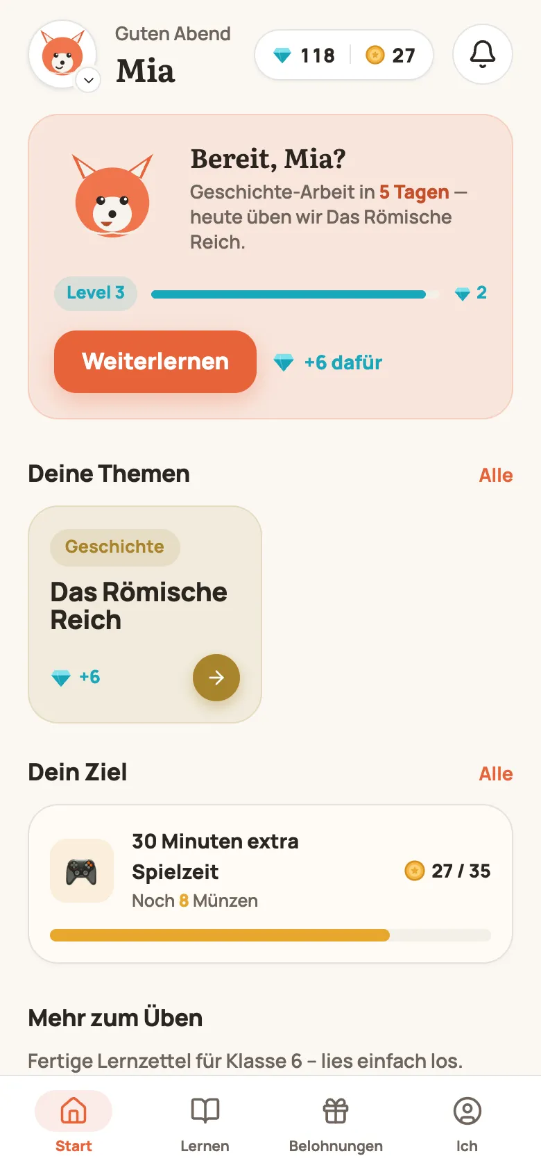 Start-Bildschirm von Teach.AI für Kinder mit Lernbuddy, Level und Themen