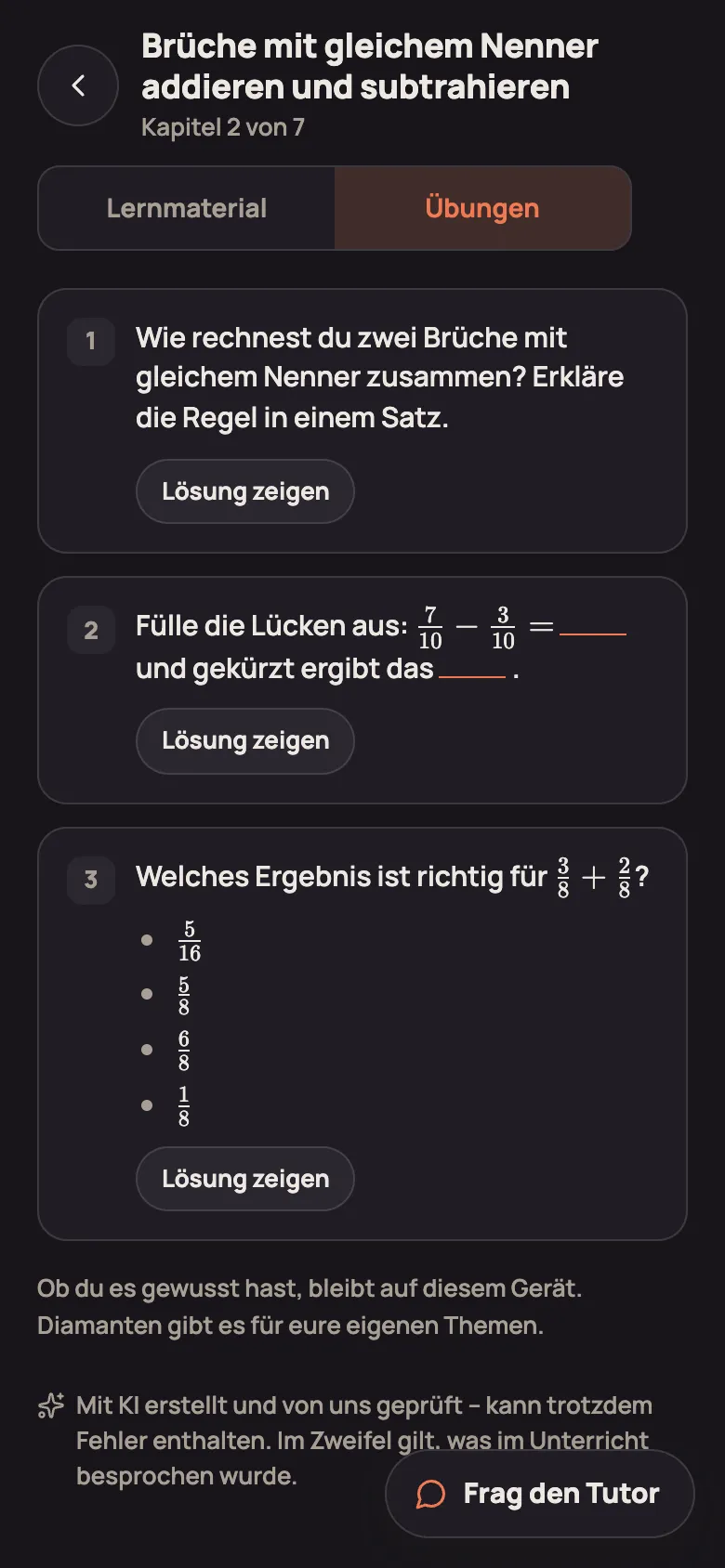 Übungen zu einem Kapitel eines fertigen Lernzettels mit Brüchen als Formeln und dem Knopf Lösung zeigen