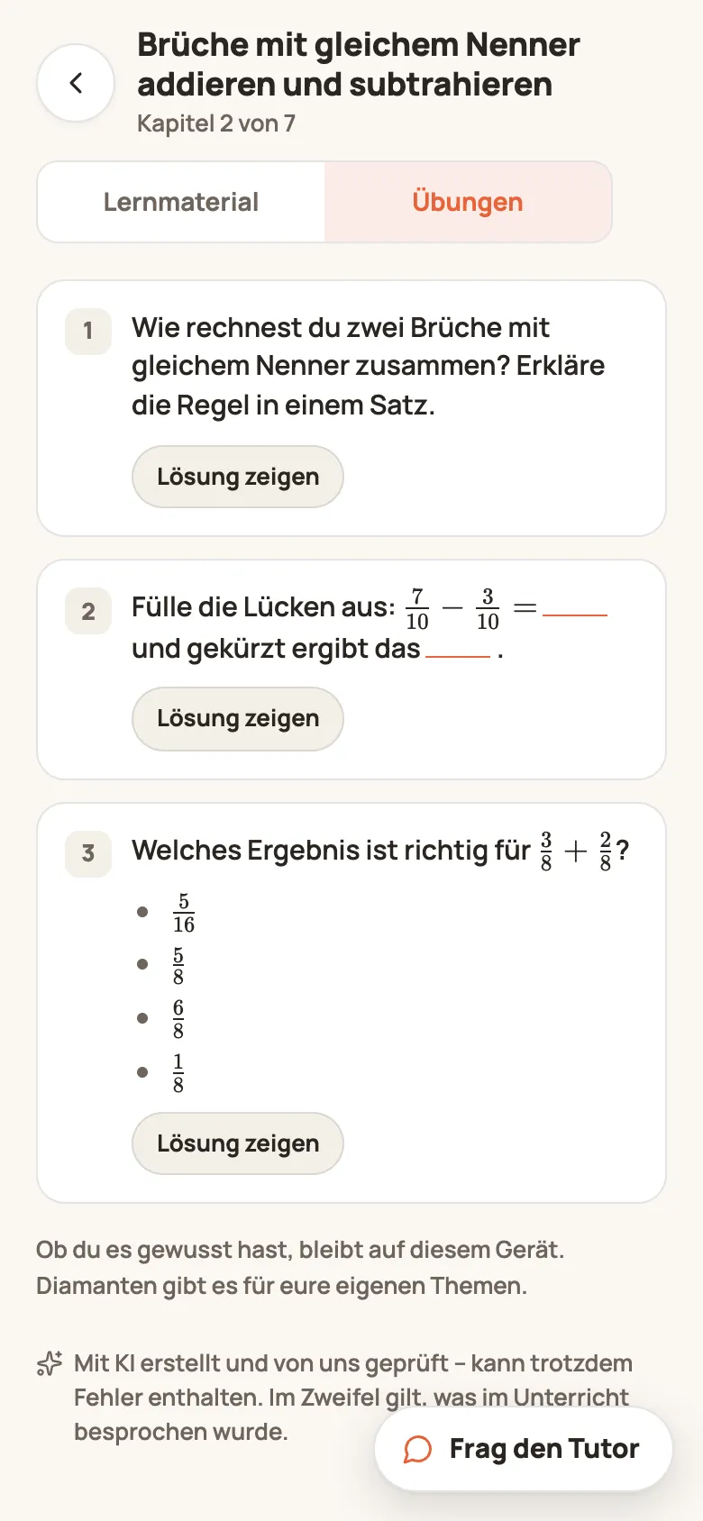 Übungen zu einem Kapitel eines fertigen Lernzettels mit Brüchen als Formeln und dem Knopf Lösung zeigen