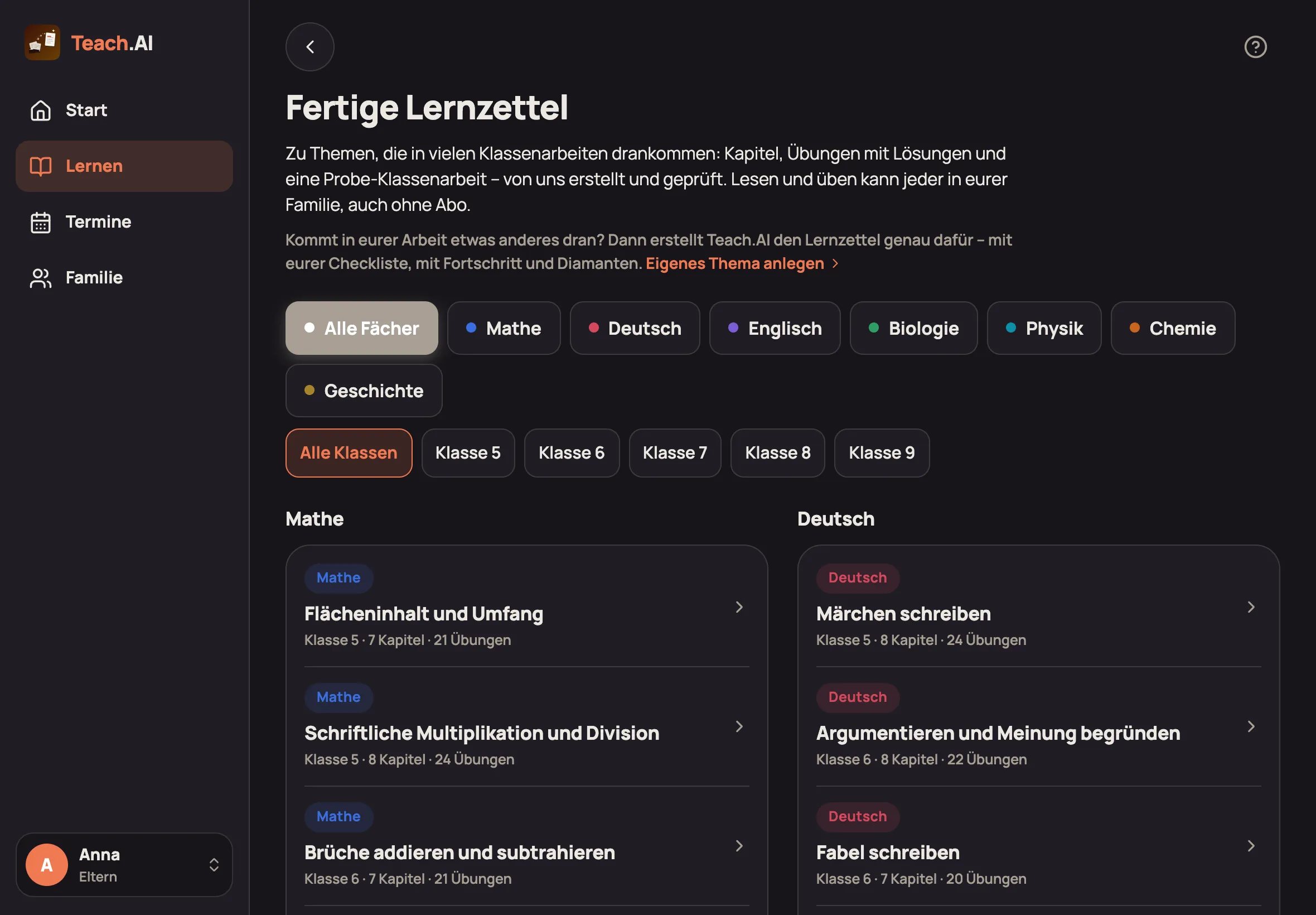 Fertige Lernzettel auf dem iPad: Themen nach Fach gruppiert, Mathe und Deutsch nebeneinander