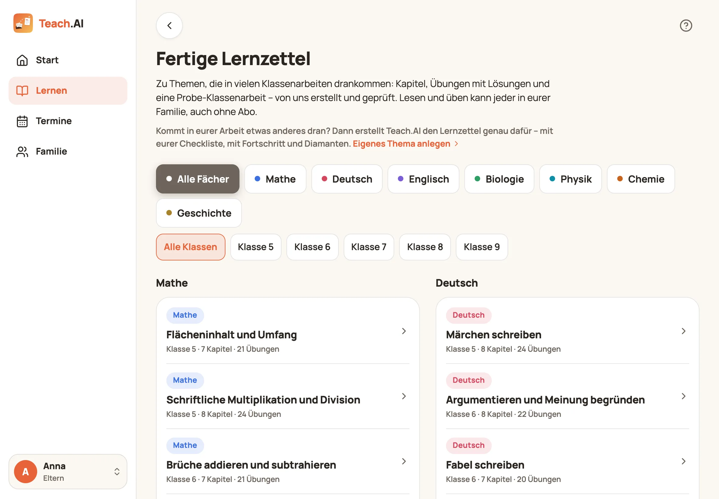 Fertige Lernzettel auf dem iPad: Themen nach Fach gruppiert, Mathe und Deutsch nebeneinander