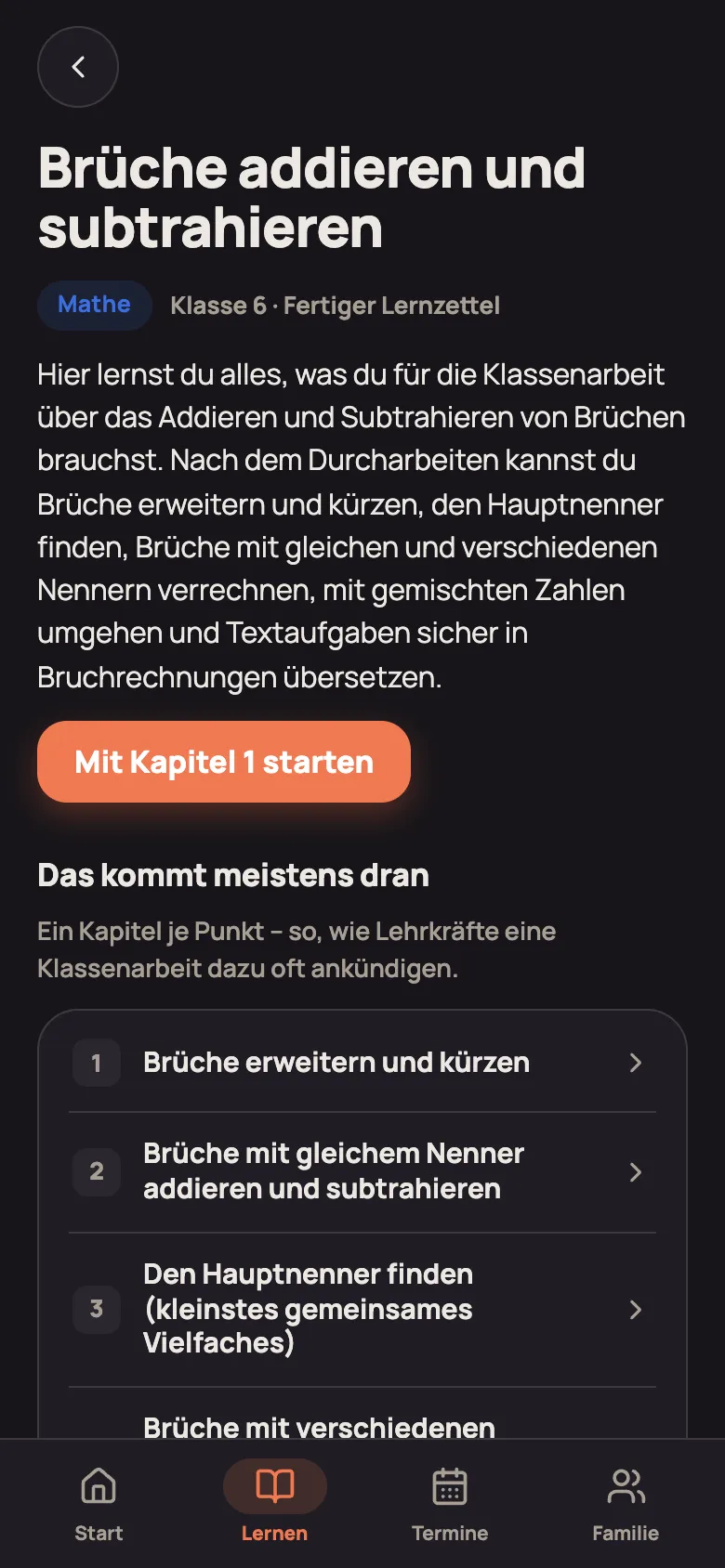 Ein fertiger Lernzettel: Einleitung, Kapitel-Liste und die Knöpfe Probe-Klassenarbeit, Frag den Tutor und Für meine Klassenarbeit anpassen