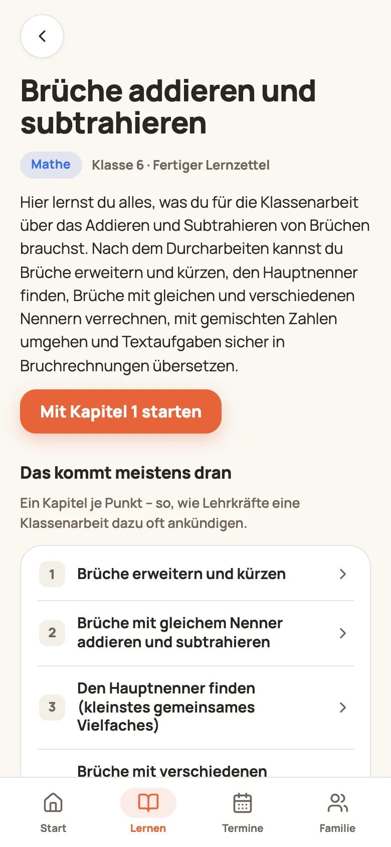 Ein fertiger Lernzettel: Einleitung, Kapitel-Liste und die Knöpfe Probe-Klassenarbeit, Frag den Tutor und Für meine Klassenarbeit anpassen