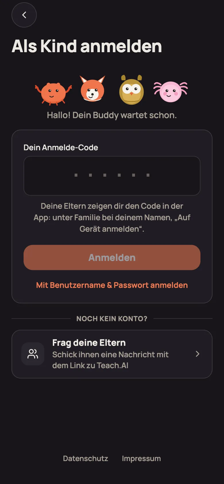 Seite „Als Kind anmelden“ mit den vier Buddys und dem Feld „Dein Anmelde-Code“