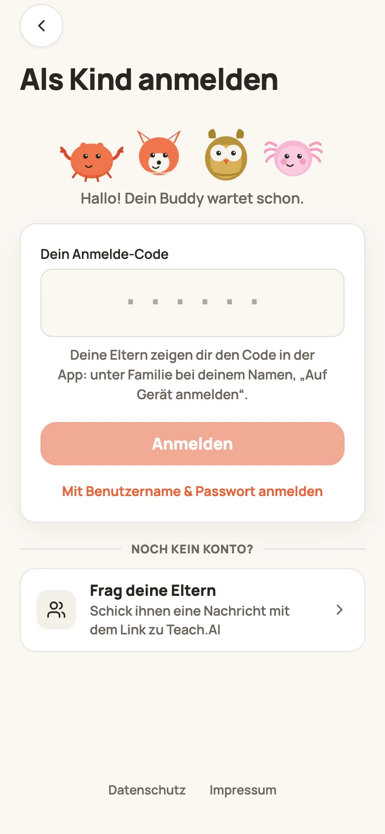 Seite „Als Kind anmelden“ mit den vier Buddys und dem Feld „Dein Anmelde-Code“