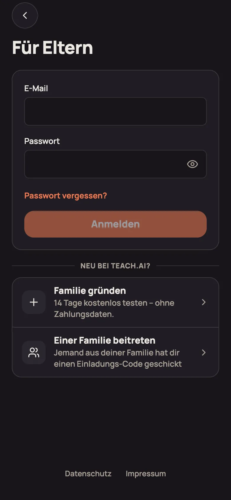 Seite „Für Eltern“ mit E-Mail, Passwort und dem Link „Passwort vergessen?“