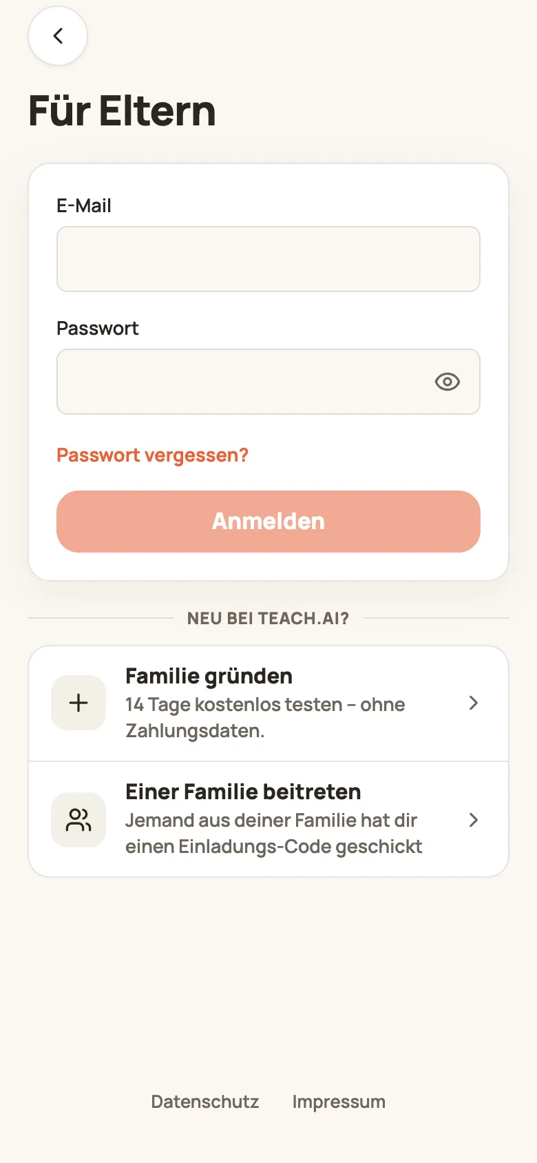 Seite „Für Eltern“ mit E-Mail, Passwort und dem Link „Passwort vergessen?“