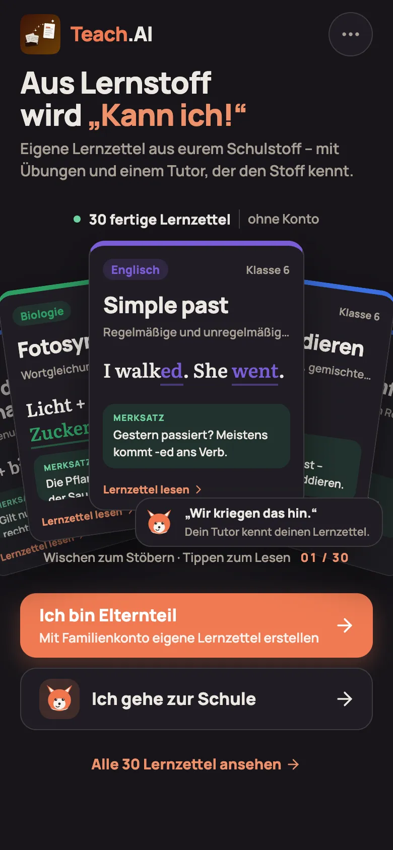Startseite „Aus Lernstoff wird ‚Kann ich!‘“ mit dem Fächer der fertigen Lernzettel, „Ich bin Elternteil“, „Ich gehe zur Schule“ und „Alle 30 Lernzettel ansehen“