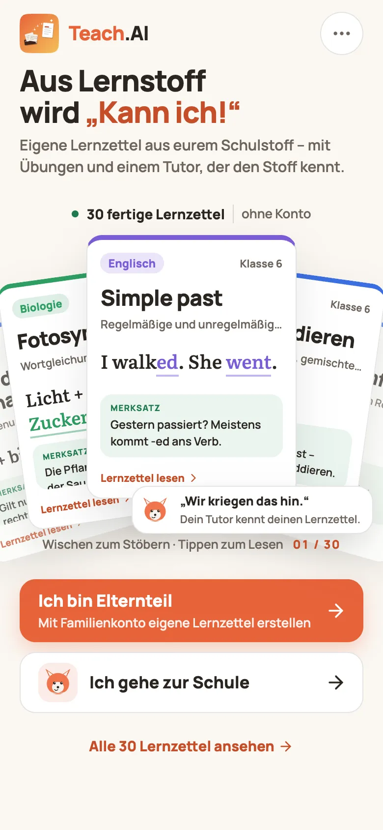 Startseite „Aus Lernstoff wird ‚Kann ich!‘“ mit dem Fächer der fertigen Lernzettel, „Ich bin Elternteil“, „Ich gehe zur Schule“ und „Alle 30 Lernzettel ansehen“