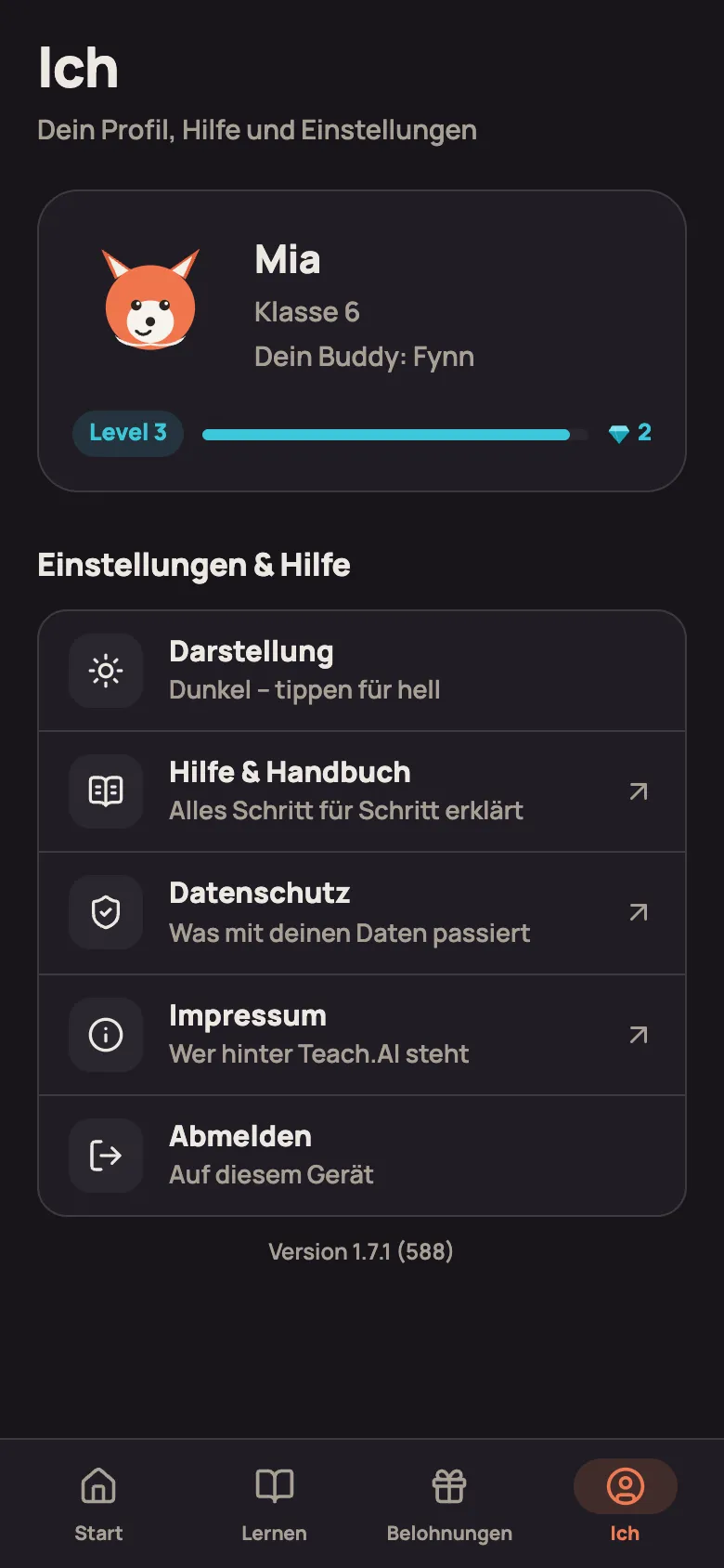 Tab „Ich“ eines Kindes mit Buddy, Level und „Einstellungen & Hilfe“