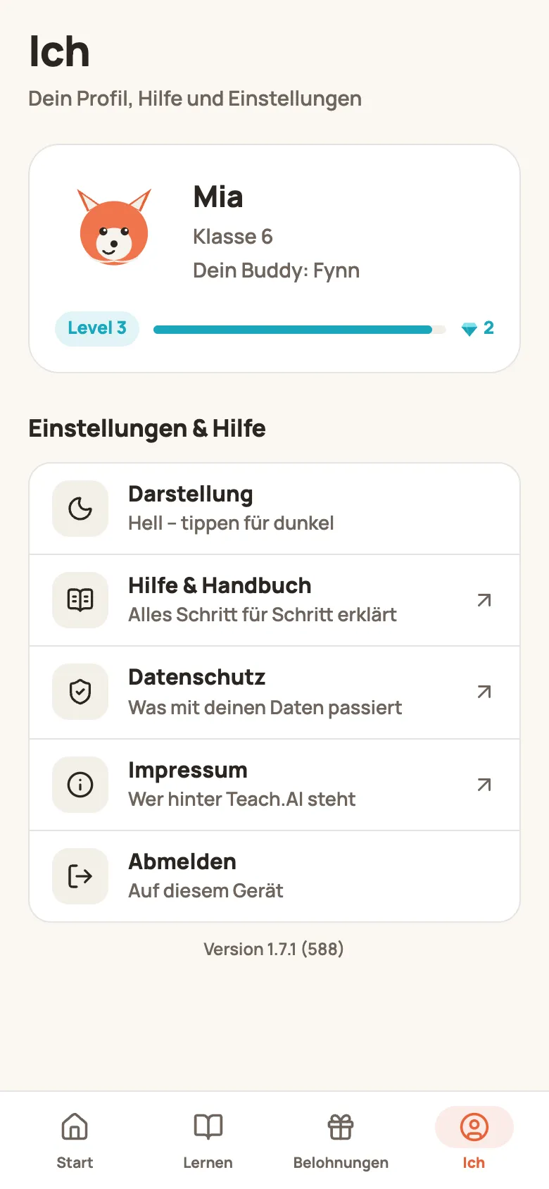 Tab „Ich“ eines Kindes mit Buddy, Level und „Einstellungen & Hilfe“