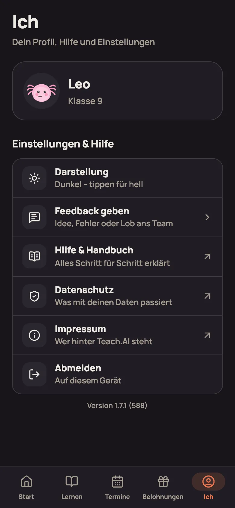 Tab „Ich“ eines Jugendlichen mit „Einstellungen & Hilfe“