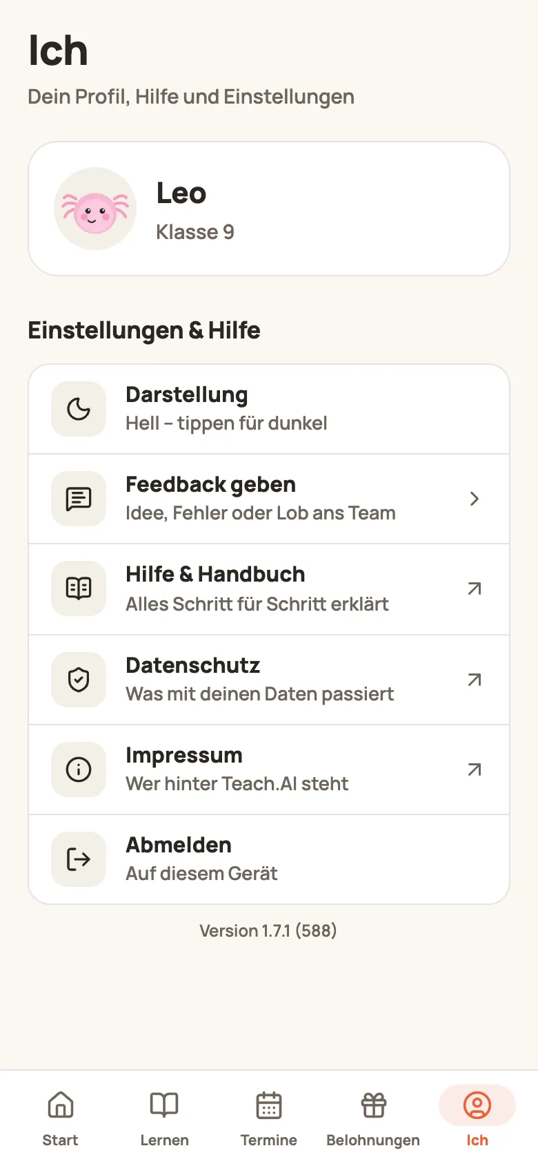 Tab „Ich“ eines Jugendlichen mit „Einstellungen & Hilfe“