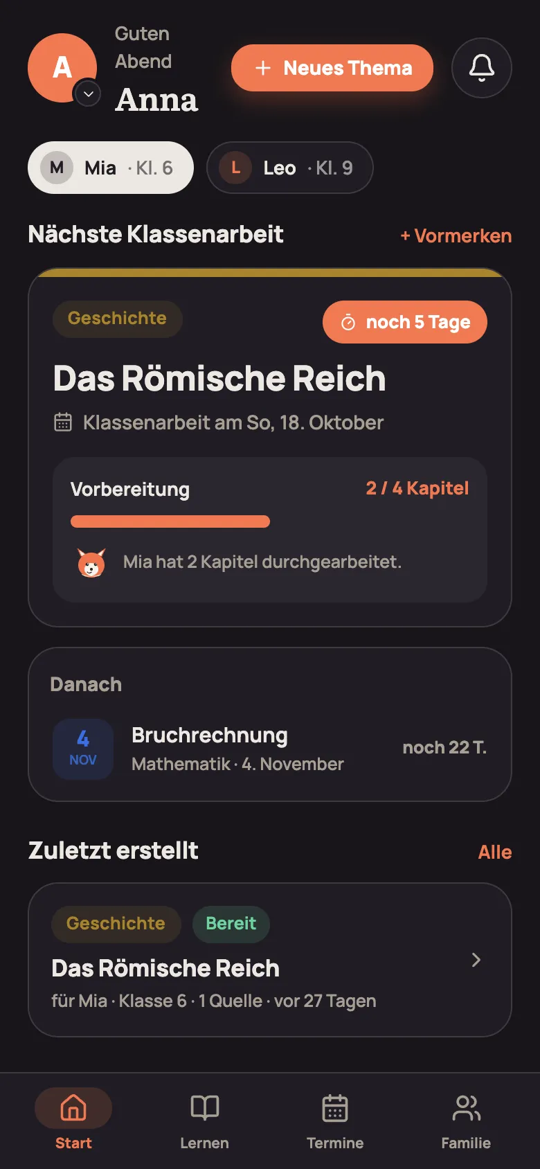 Start-Seite für Eltern mit nächster Klassenarbeit und Vorbereitung
