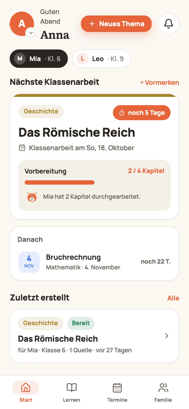 Start-Seite für Eltern mit nächster Klassenarbeit und Vorbereitung