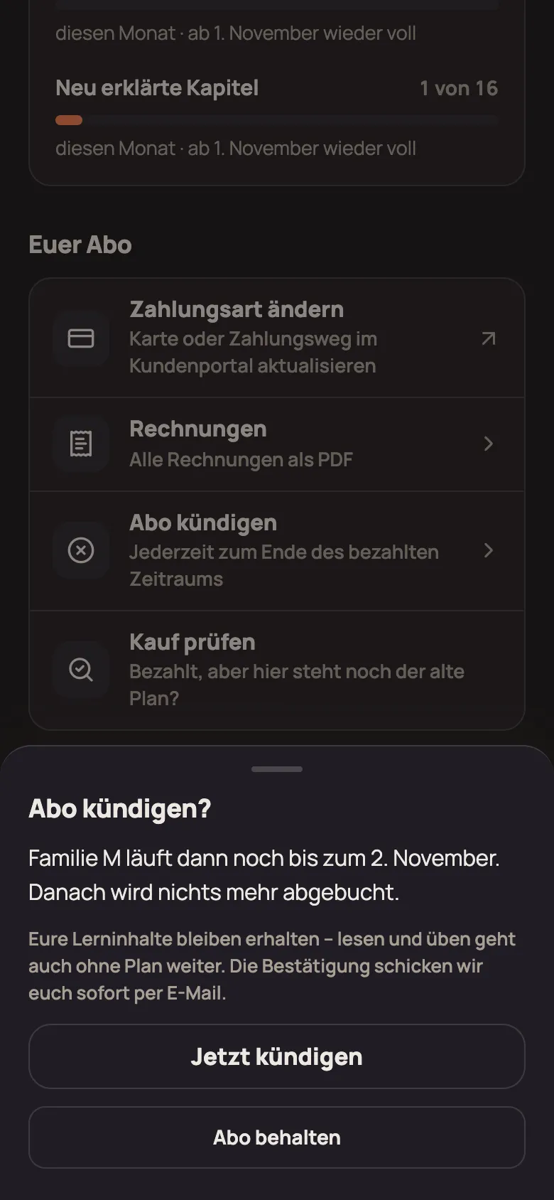 Hinweis „Abo kündigen?“ mit dem Datum, bis zu dem der Plan läuft, und den Schaltflächen „Jetzt kündigen“ und „Abo behalten“